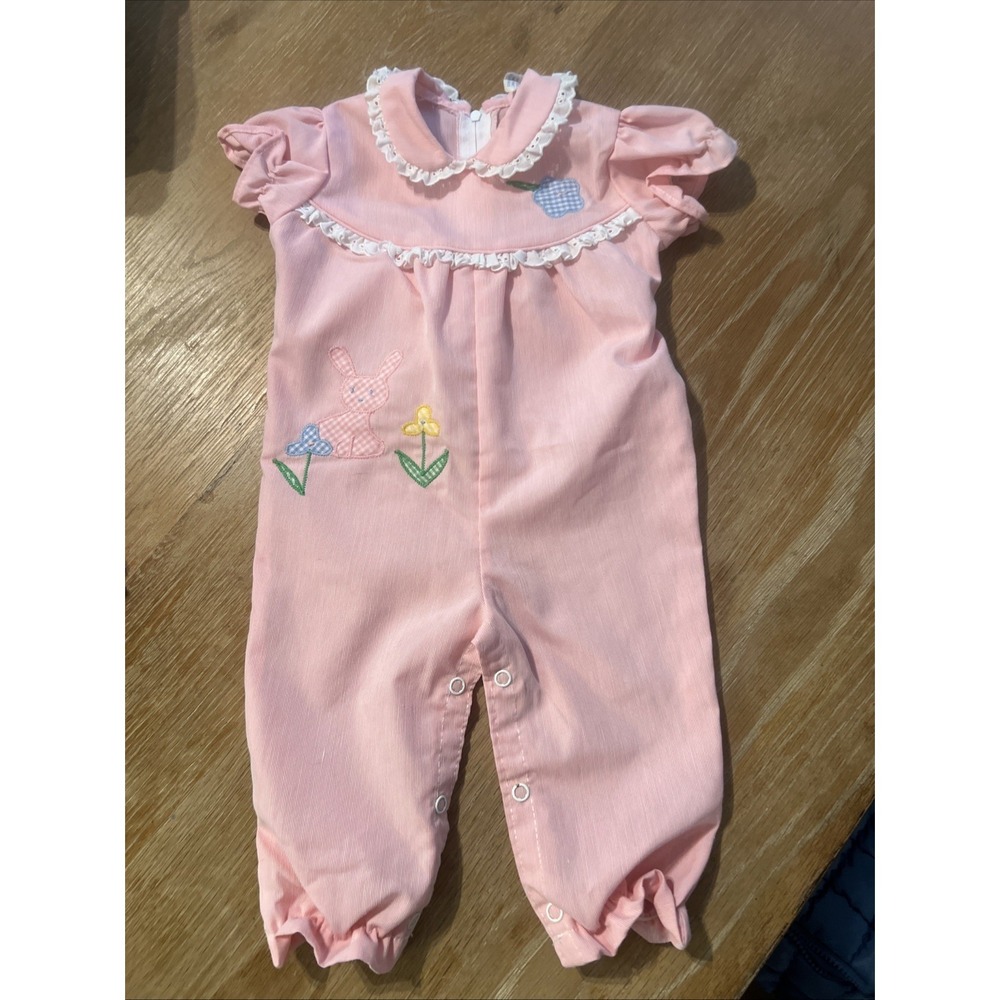 Vintage Thomas & Thomas Girls 3-6M Romper Pink Striped Bunny Easter Jumper 3070